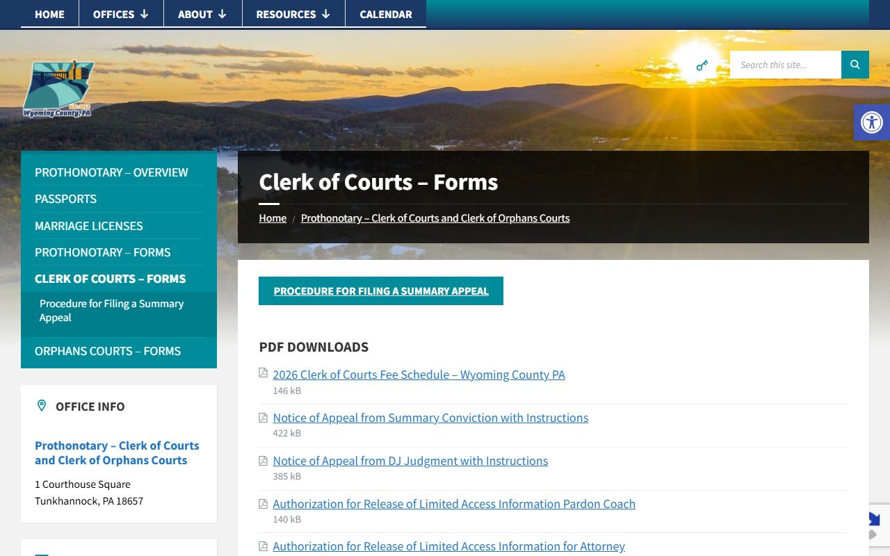 Wyoming County Prothonotary and Clerk of Courts forms