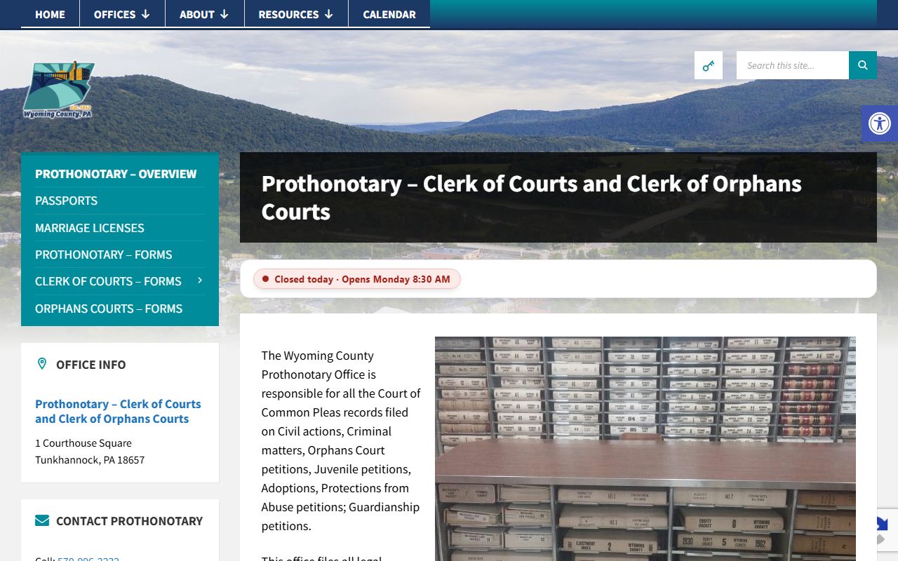 Wyoming County Prothonotary records office page