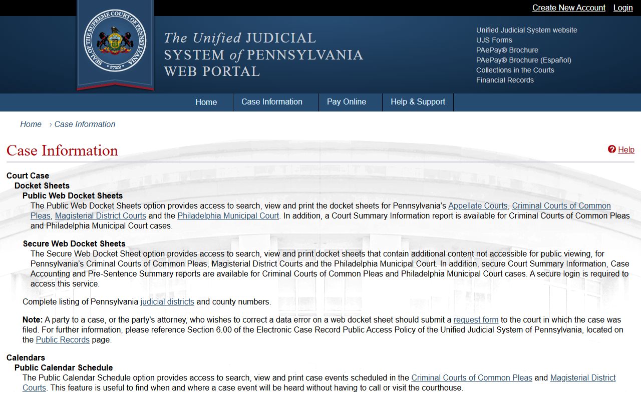 Wyoming County court records UJS case information page