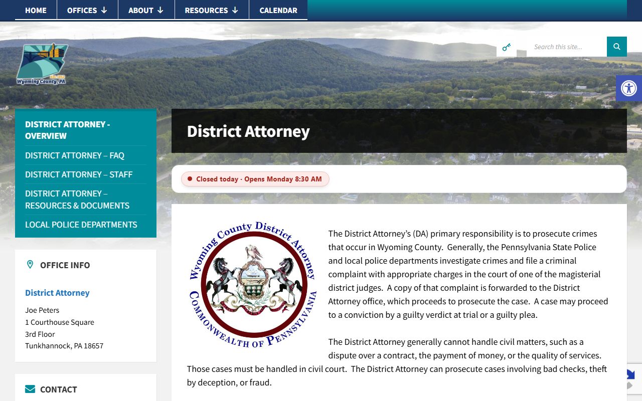Wyoming County criminal court records District Attorney prosecution page