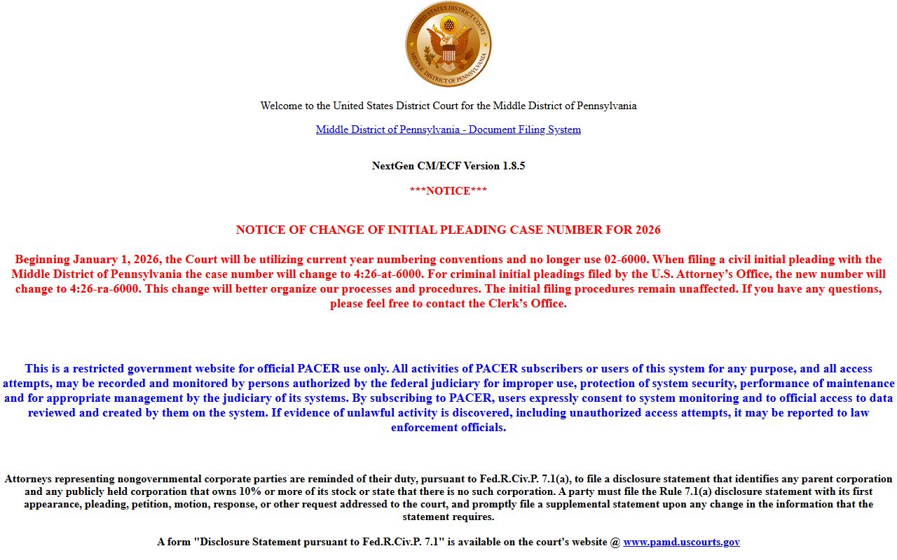 Wyoming County Court of Common Pleas federal CM ECF context