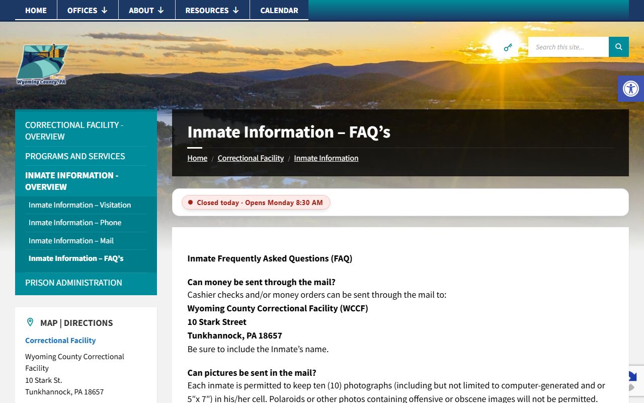 Wyoming County inmate records FAQ money and commissary