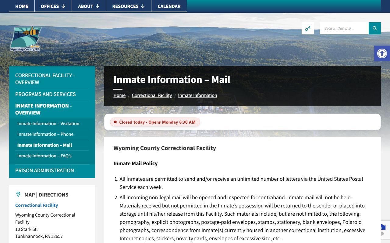 Wyoming County inmate records mail rules