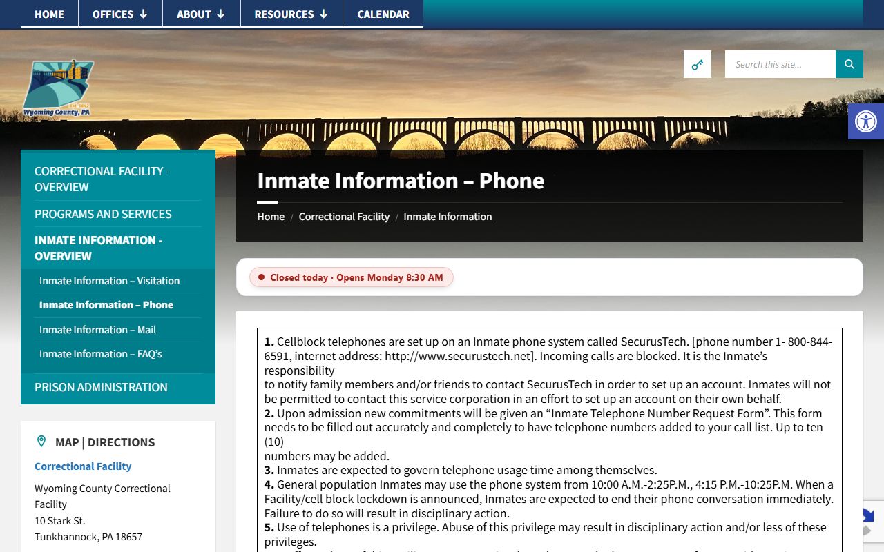 Wyoming County inmate records phone rules