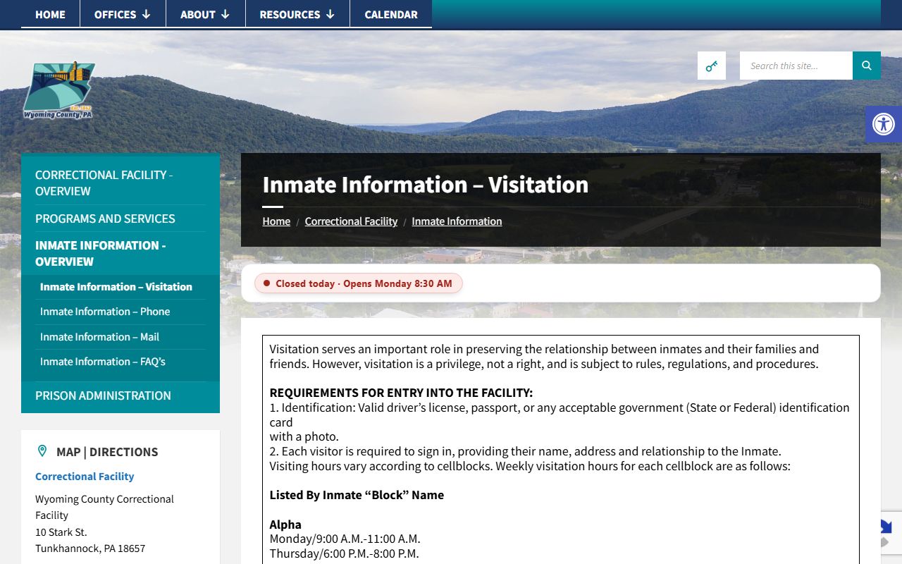 Wyoming County inmate records visitation rules