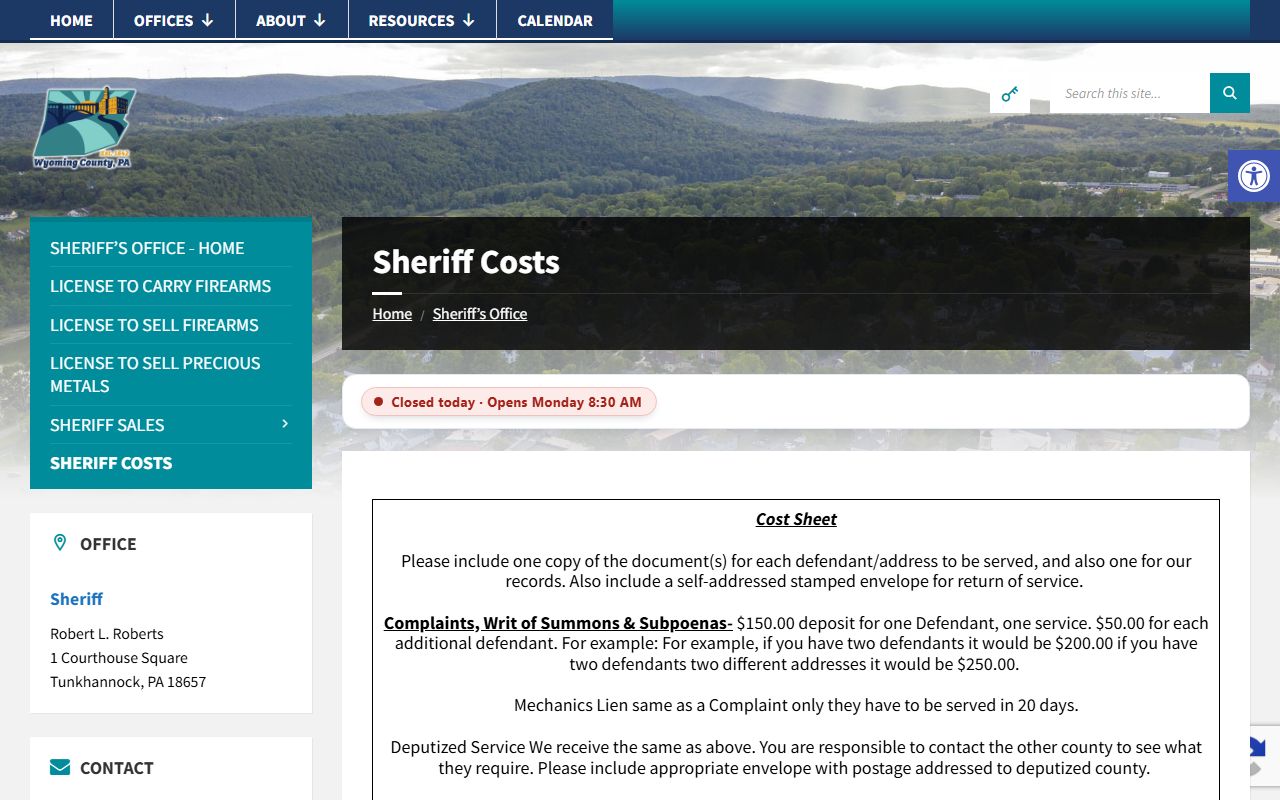 Wyoming County warrant records sheriff costs and service page